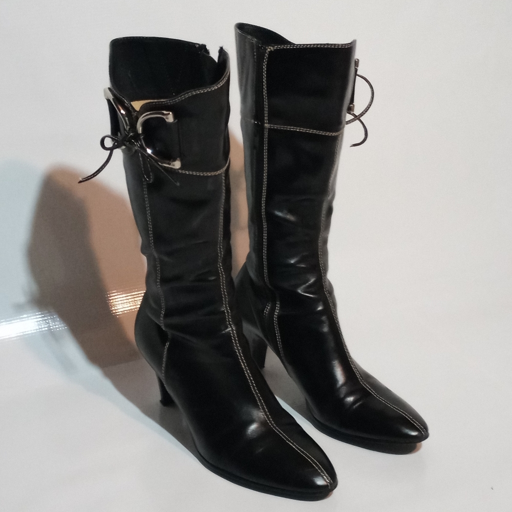 Kuuki Mid Calf Leather Boots 2-inch Heels Size 6